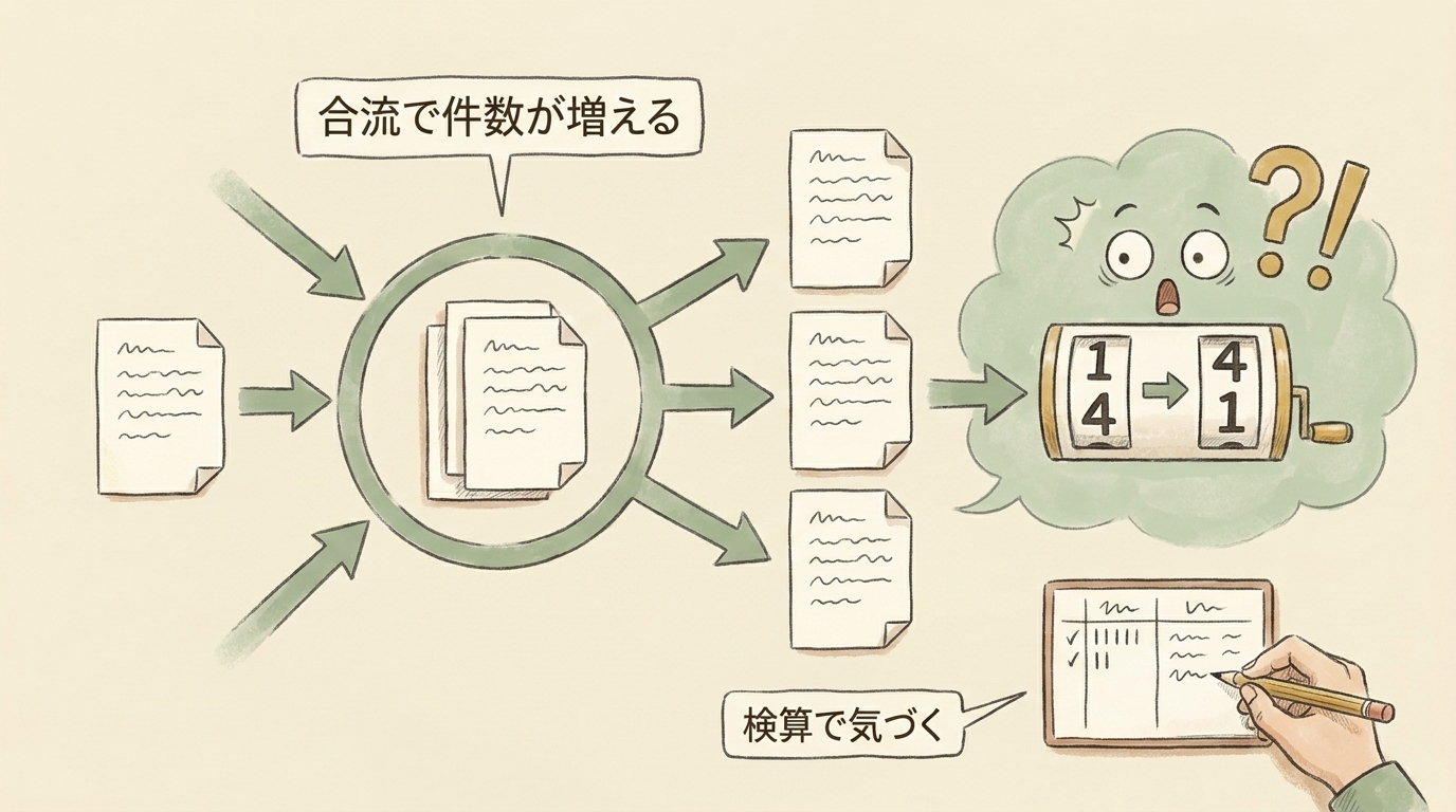 図解：JOINの合流で件数が増える。検算で気づく