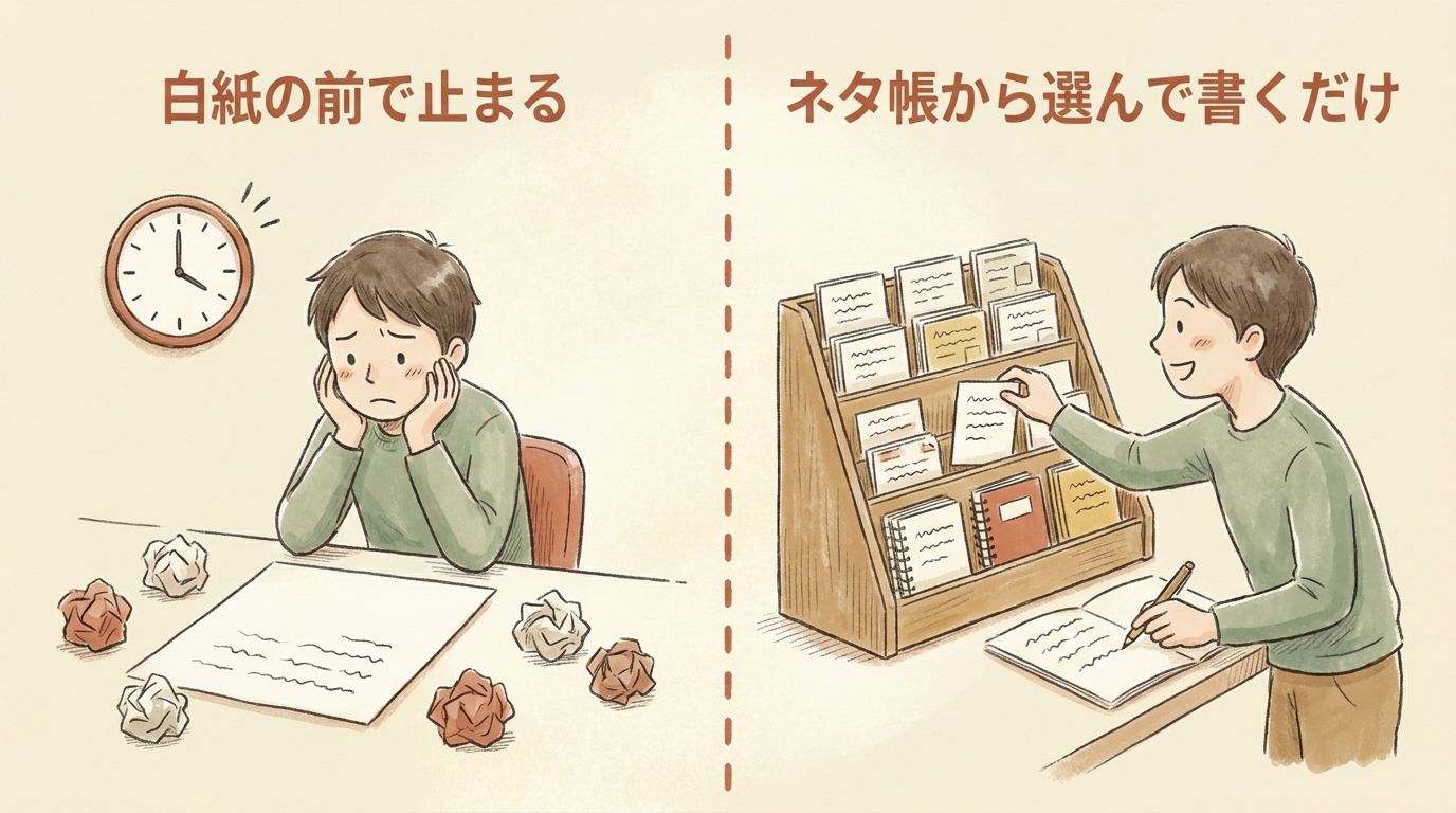 図解：白紙の前で止まる状態から、ネタ帳から選んで書くだけの状態へ