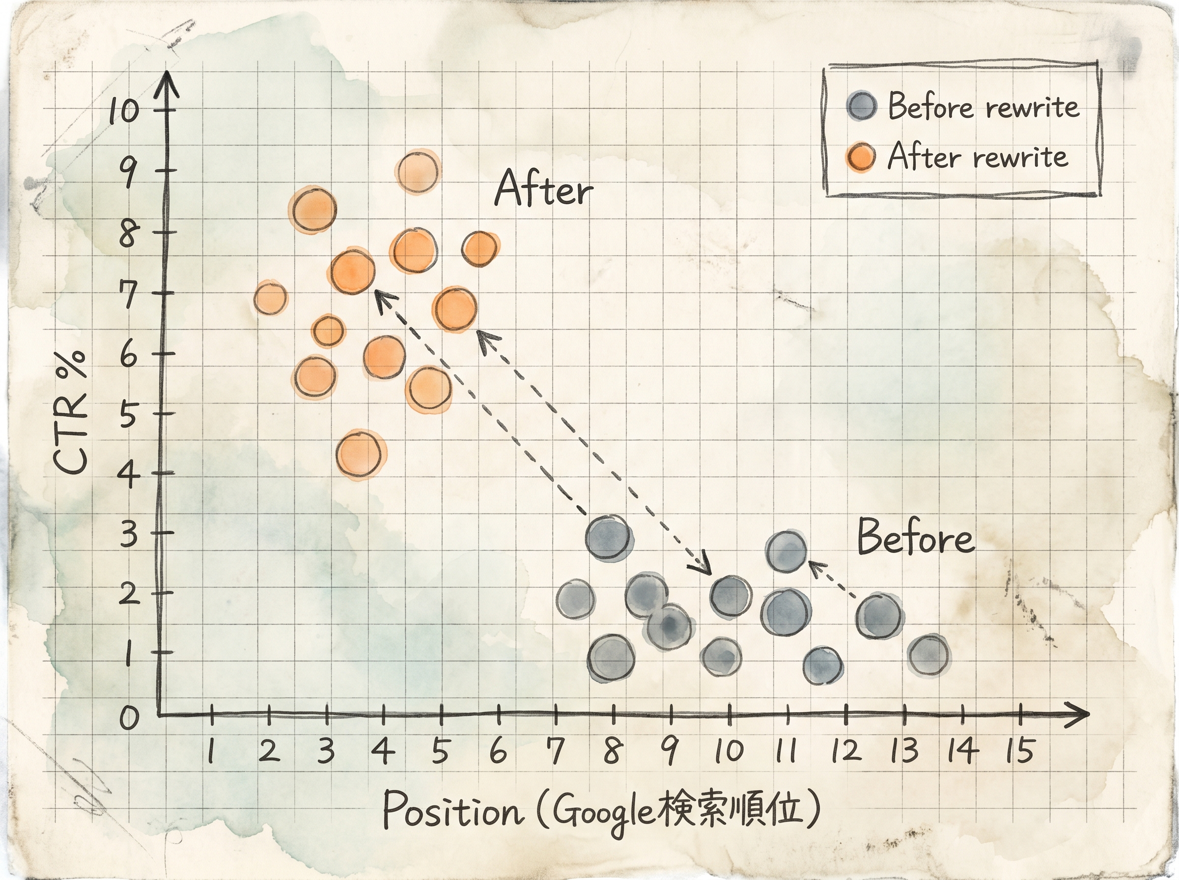 リライト前後のposition × CTR 散布図