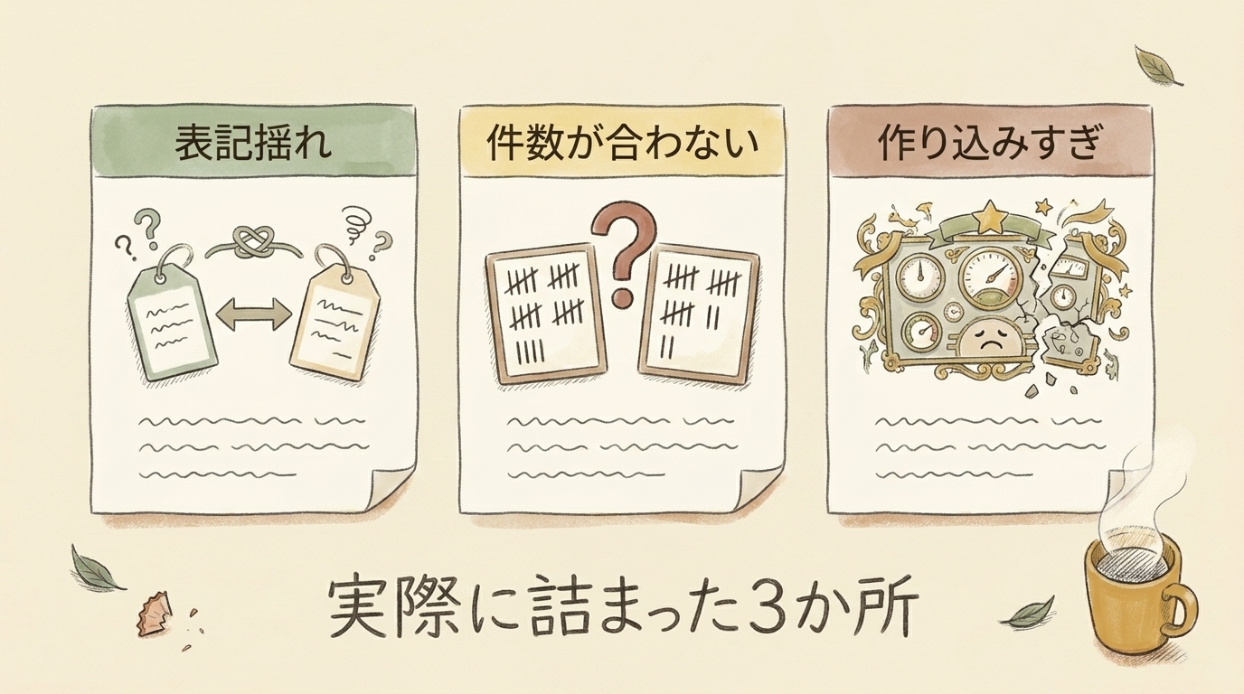 図解：実際に詰まった3か所。表記揺れ・件数が合わない・作り込みすぎ
