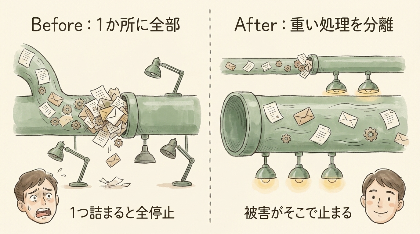 図解：Before=1か所に全部で1つ詰まると全停止、After=重い処理を分離して被害がそこで止まる