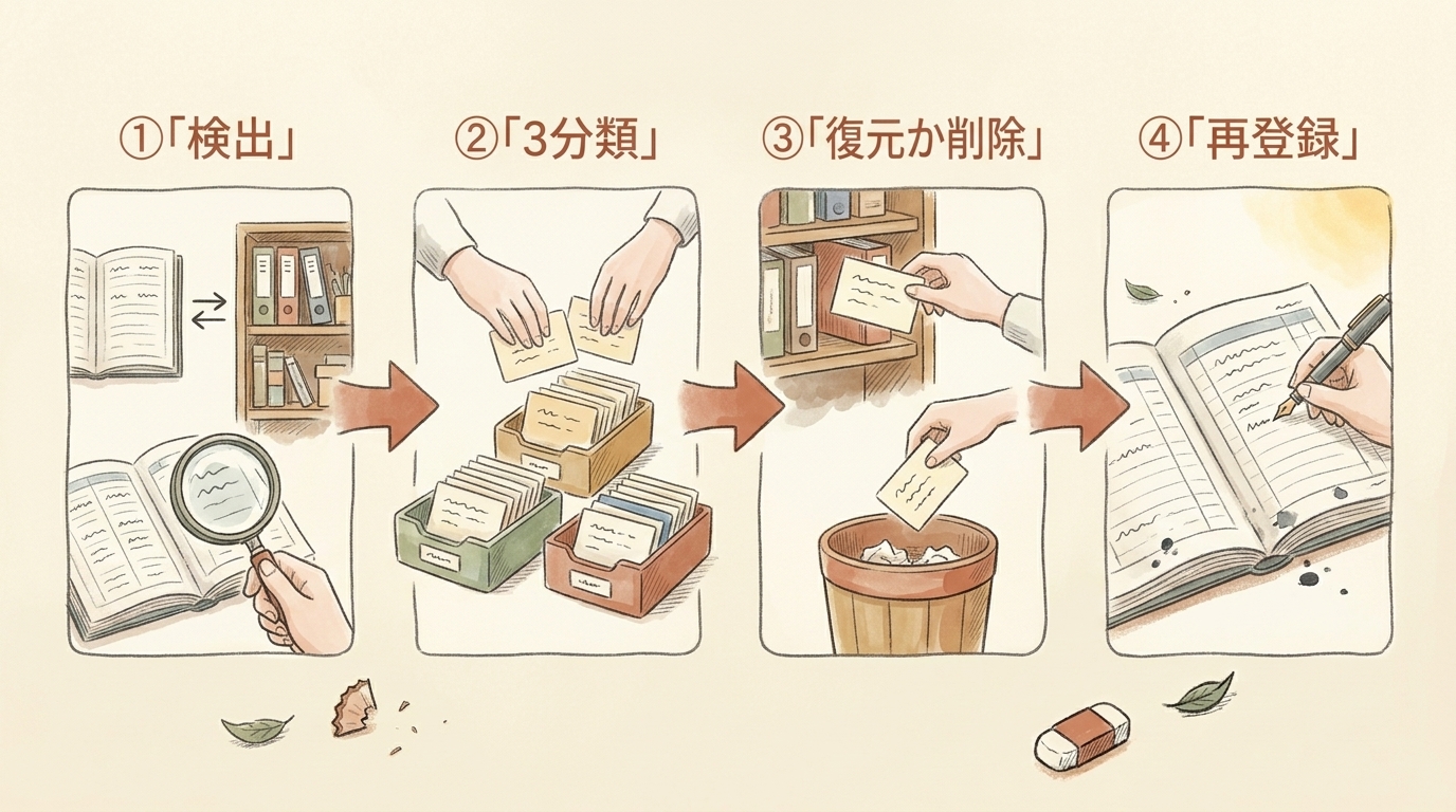 図解：スキル棚卸しの4ステップ。検出→3分類→復元か削除→再登録