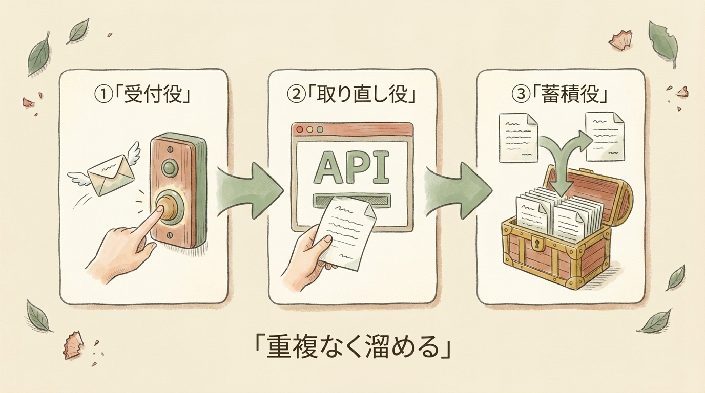 図解：フォームデータ蓄積の3部品。受付役・取り直し役・蓄積役で重複なく溜める