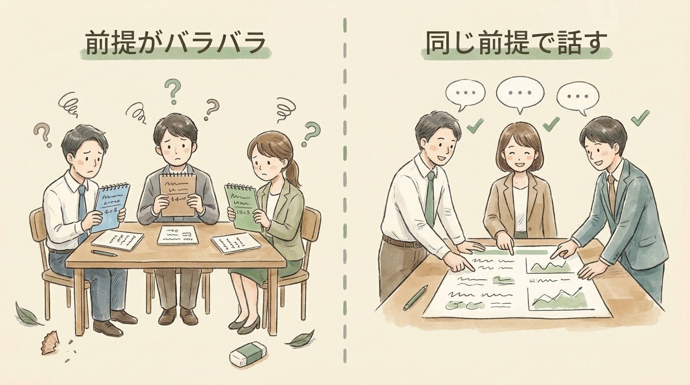 図解：前提がバラバラの会議から、同じ前提で話す会議へ