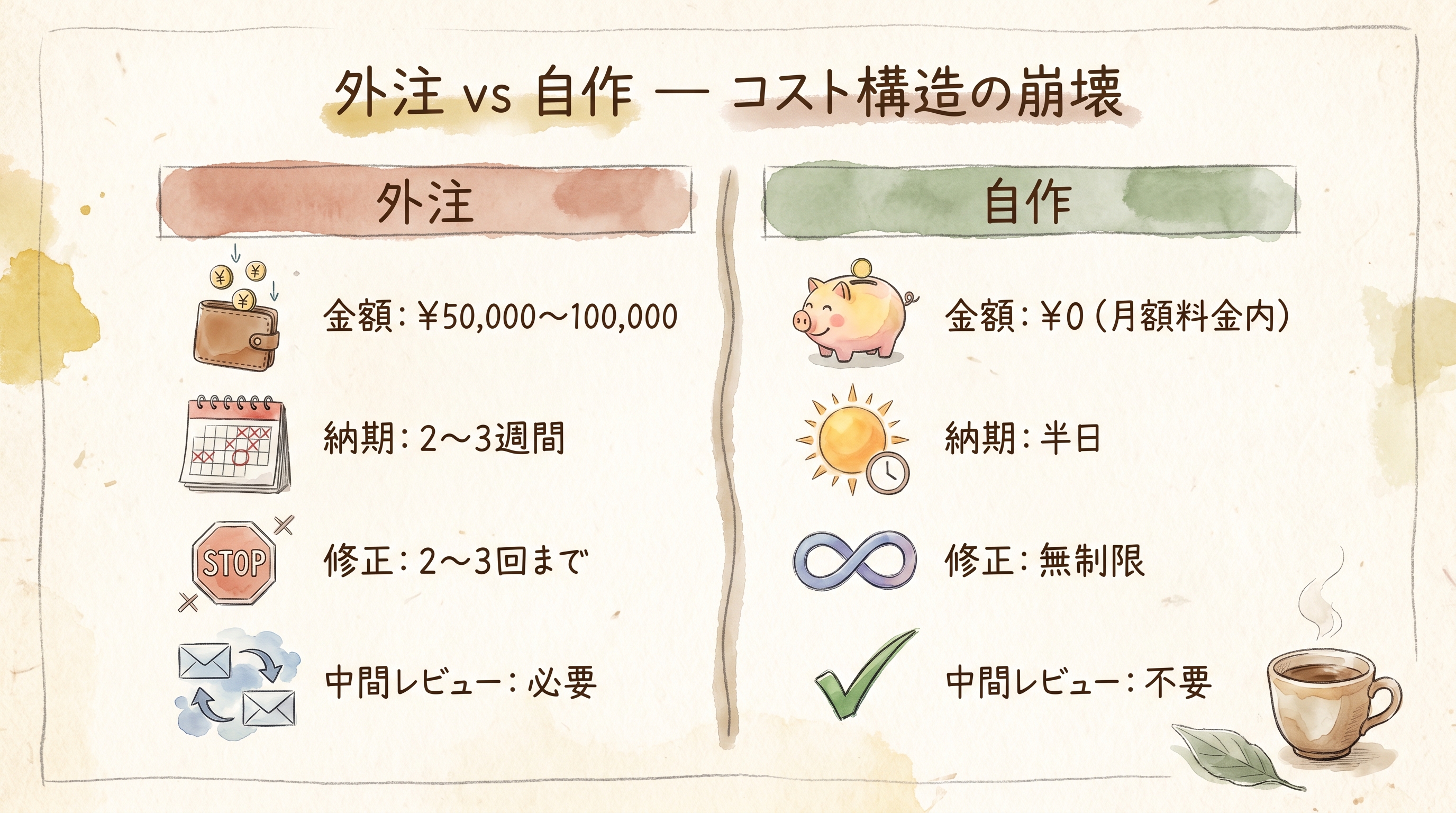 外注 vs 自作のコスト比較 — 金額・納期・修正回数・中間レビュー