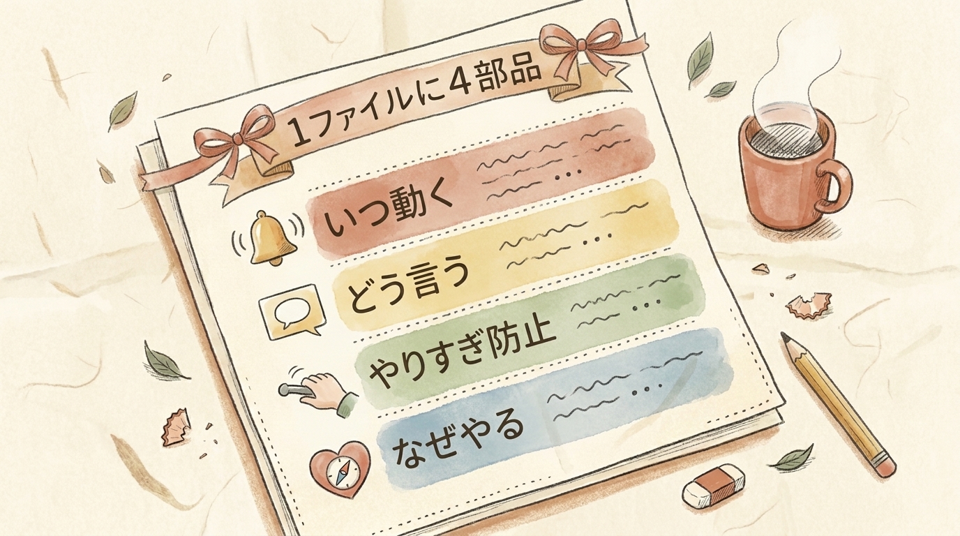 図解：能動ルールは1ファイルに4部品。いつ動く・どう言う・やりすぎ防止・なぜやる