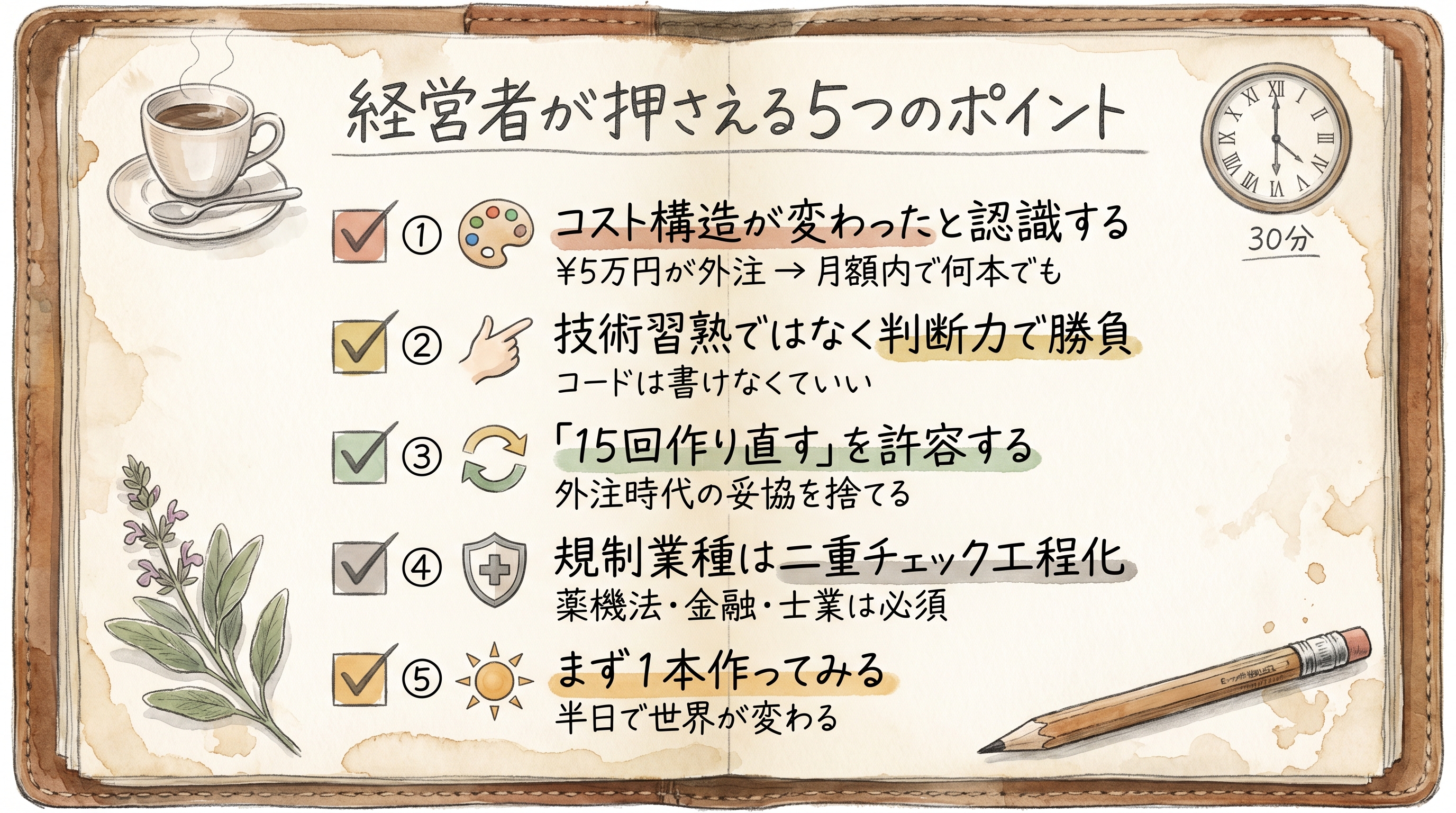 経営者が押さえる5つのポイント — コスト構造・判断力・15回作り直す・規制業種・まず1本作る