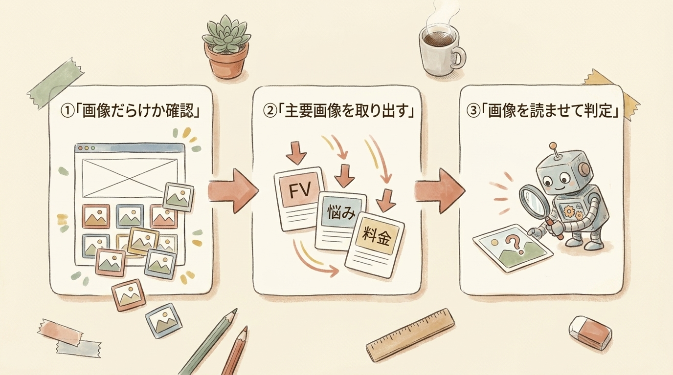 図解:AIにLPを分析させる3ステップ。画像だらけか確認→FV・悩み・料金の主要画像を取り出す→画像を読ませて判定