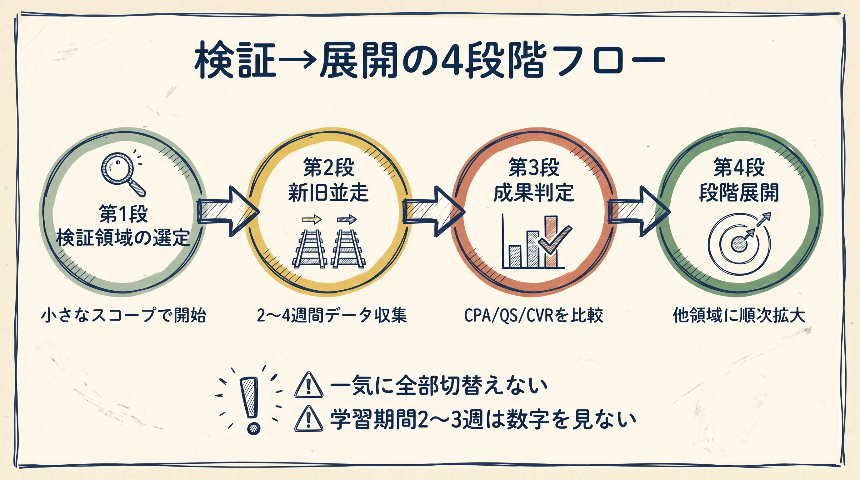検証→展開の4段階フロー：検証領域の選定→新旧並走→成果判定→段階展開