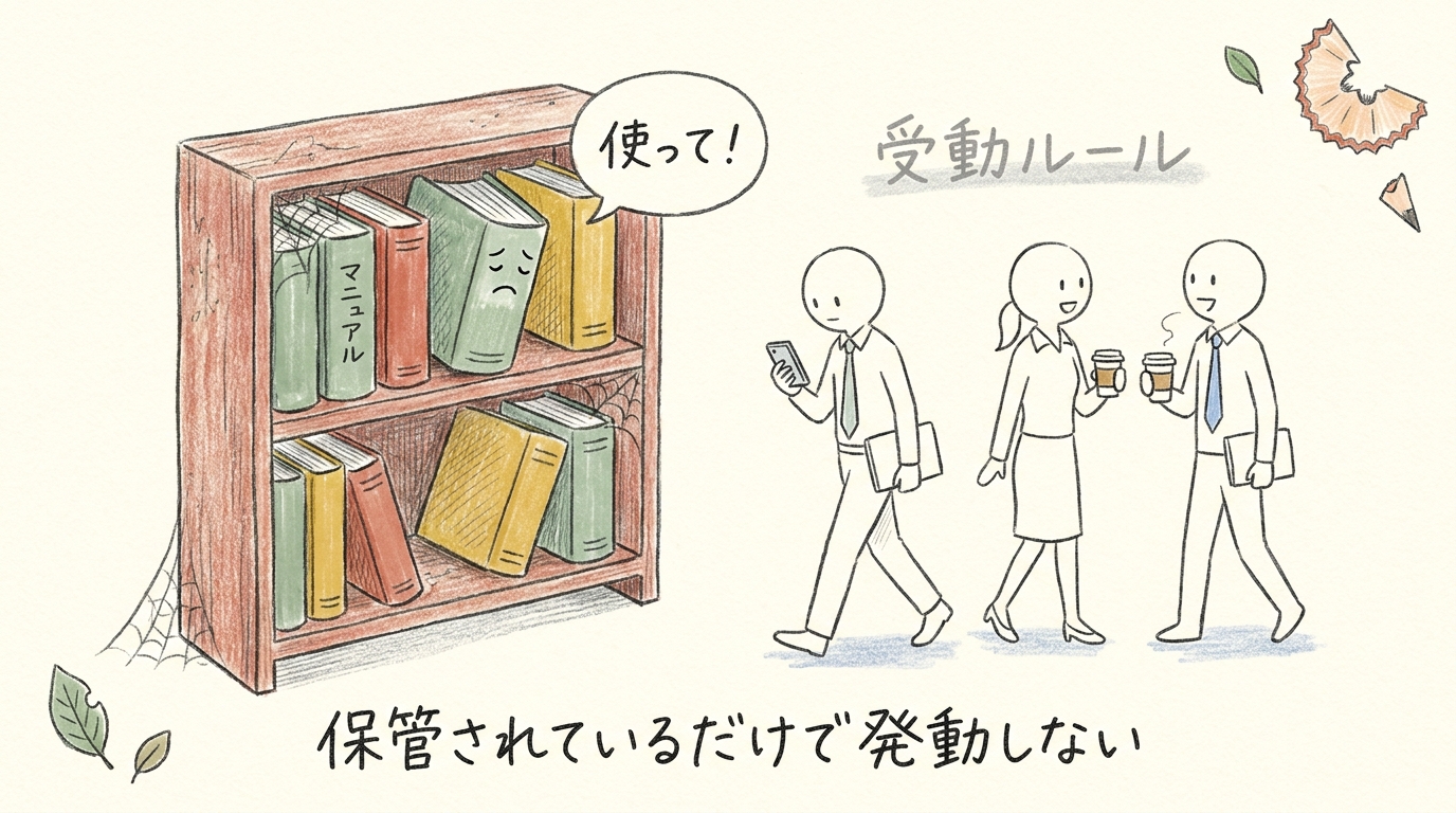 棚に並ぶマニュアルは存在するのに、誰も気づかず通り過ぎる — 受動ルールの典型