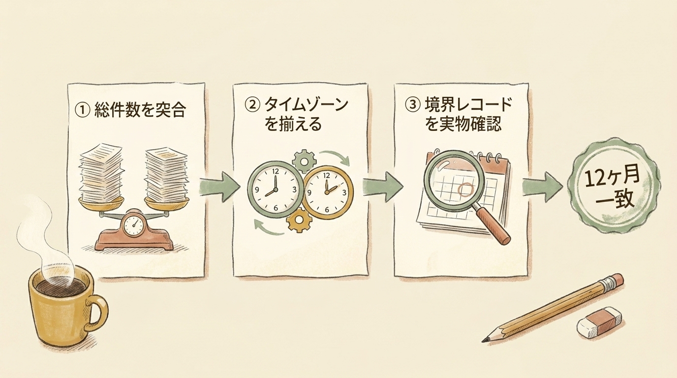 図解：検証3ステップ。総件数を突合→タイムゾーンを揃える→境界レコードを実物確認→12ヶ月一致