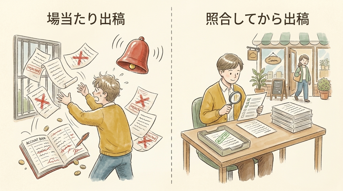 図解：場当たり出稿は審査落ちが積み上がる。照合してから出稿すれば安全に掲載できる