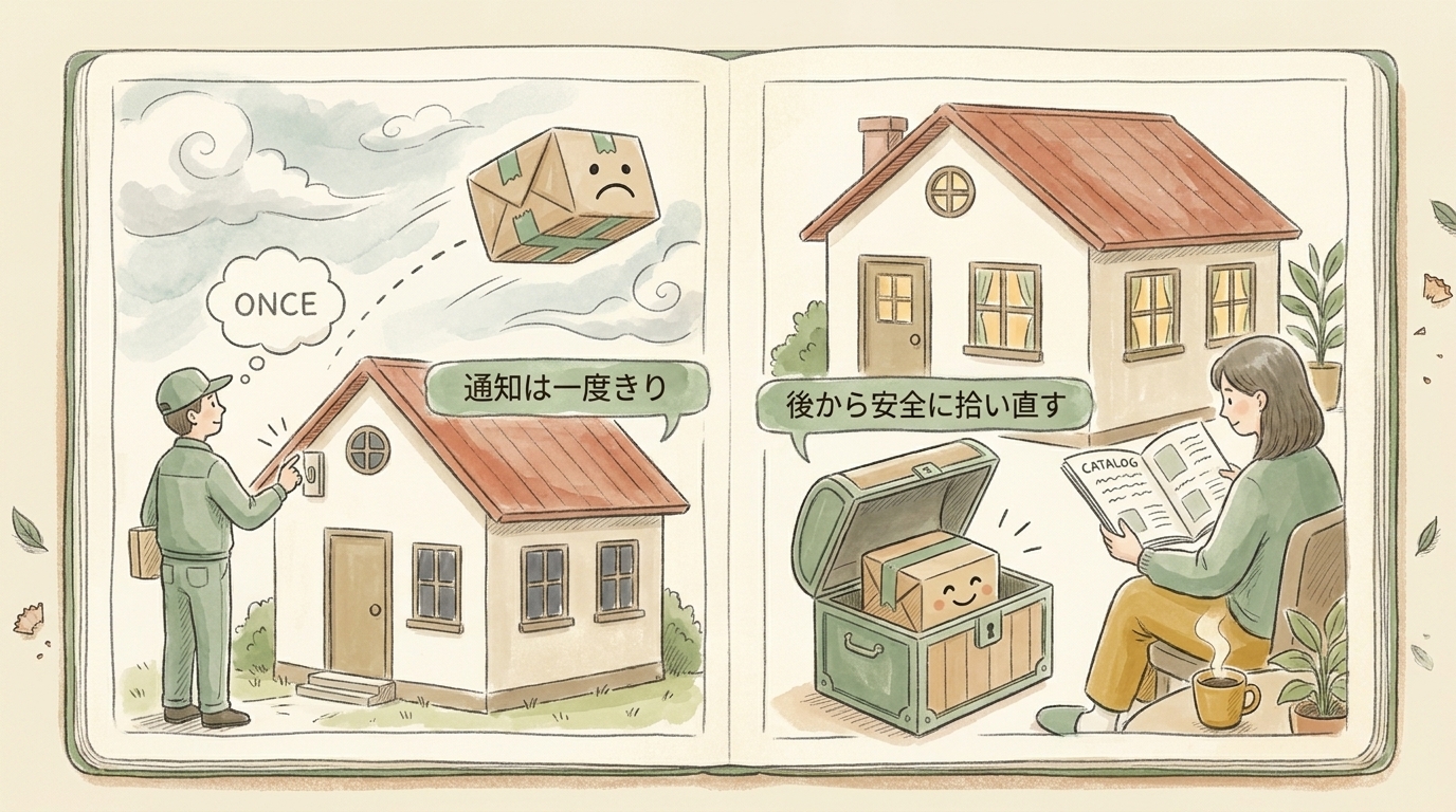 図解：Webhookの通知は一度きり。だから後から安全に拾い直せる設計にする