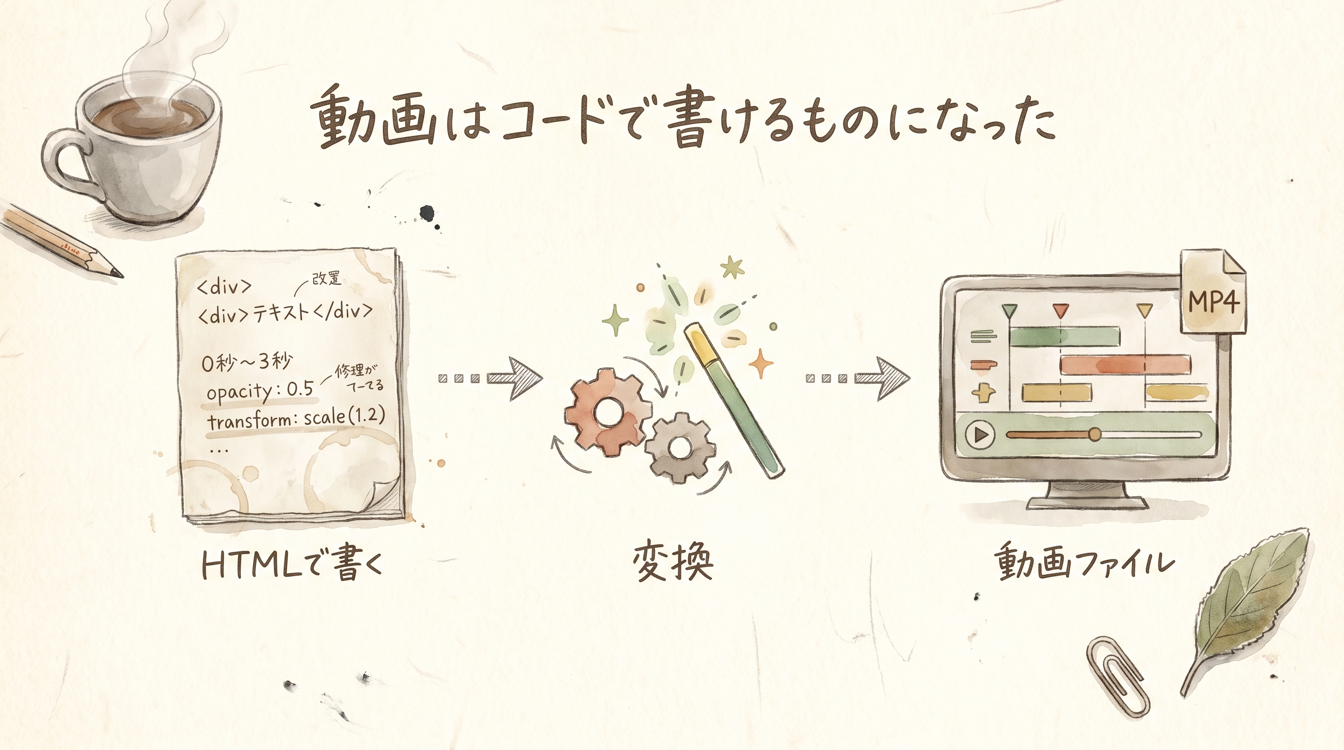 動画はコードで書けるものになった — HTMLで書く → 変換 → 動画ファイル(MP4) のフロー