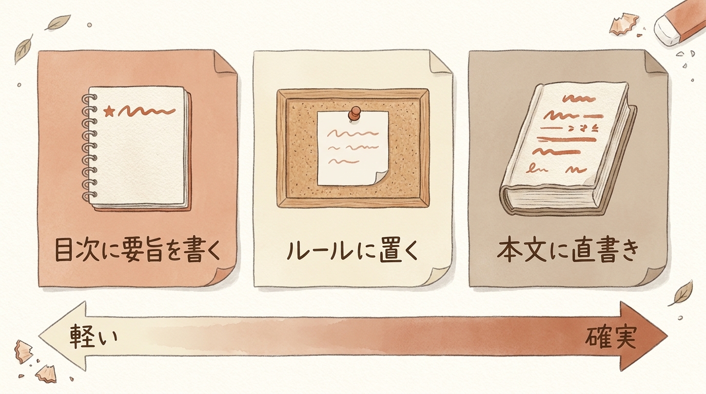 図解:軽い順に、目次に要旨を書く・ルールに置く・本文に直書き