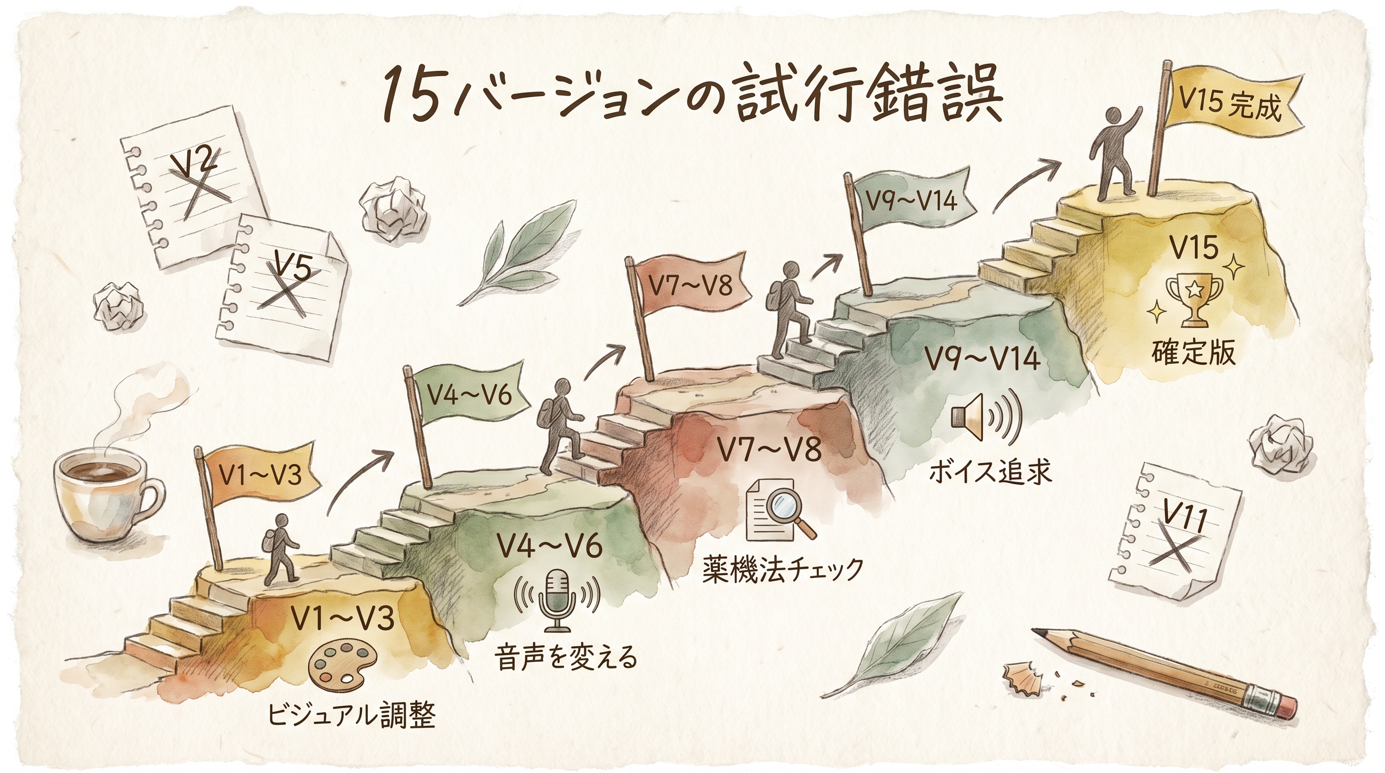 V1からV15まで階段状に積み上がる試行錯誤の過程
