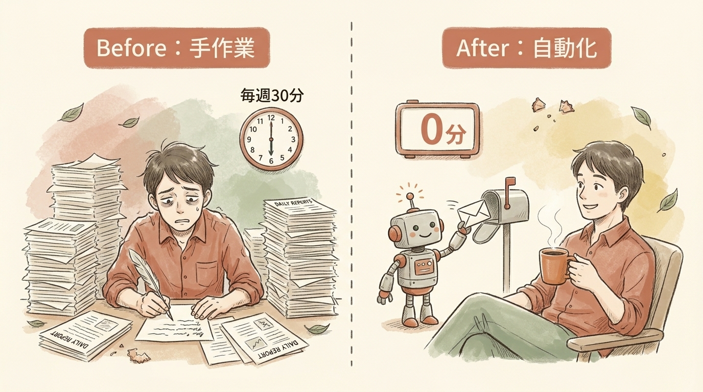 図解：Before=手作業で毎週30分、After=自動化で0分