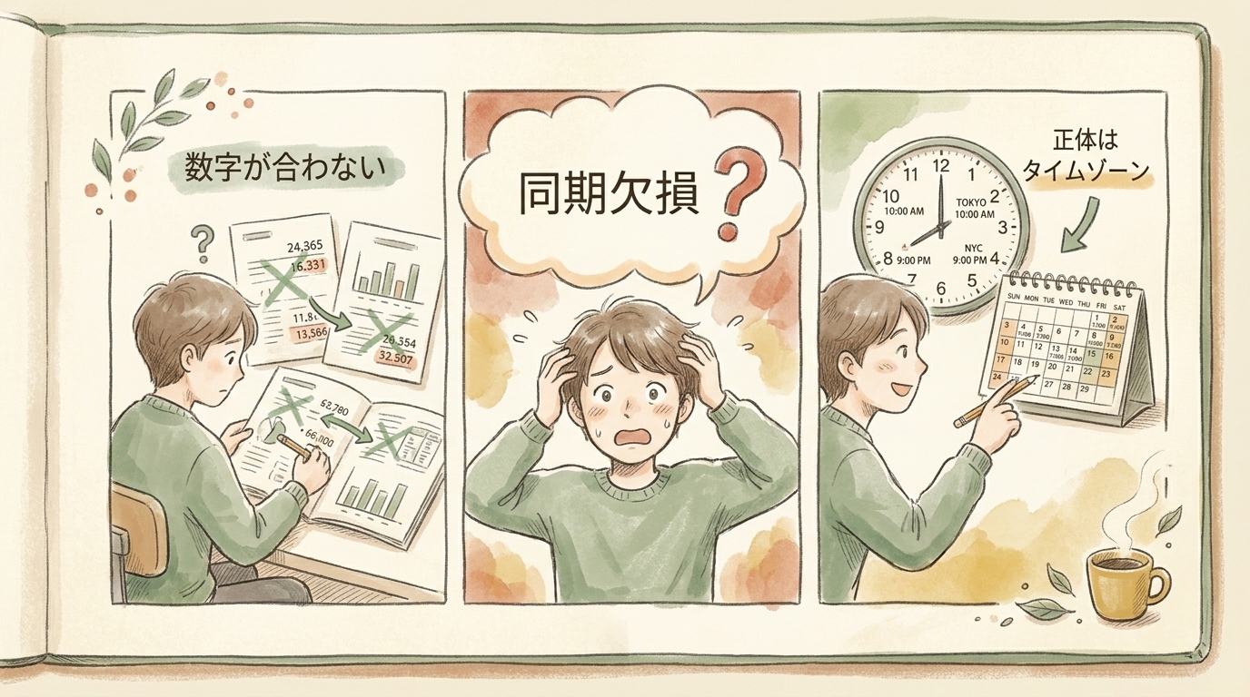 図解：数字が合わない→同期欠損？と焦る→正体はタイムゾーンだった、という誤診の3コマ