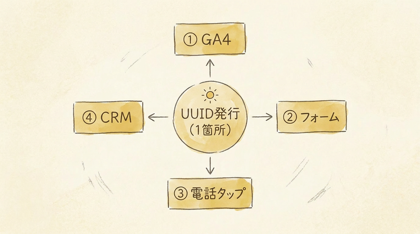 図解：UUIDの発行は1箇所、配る先はGA4・フォーム・電話・CRMの4箇所