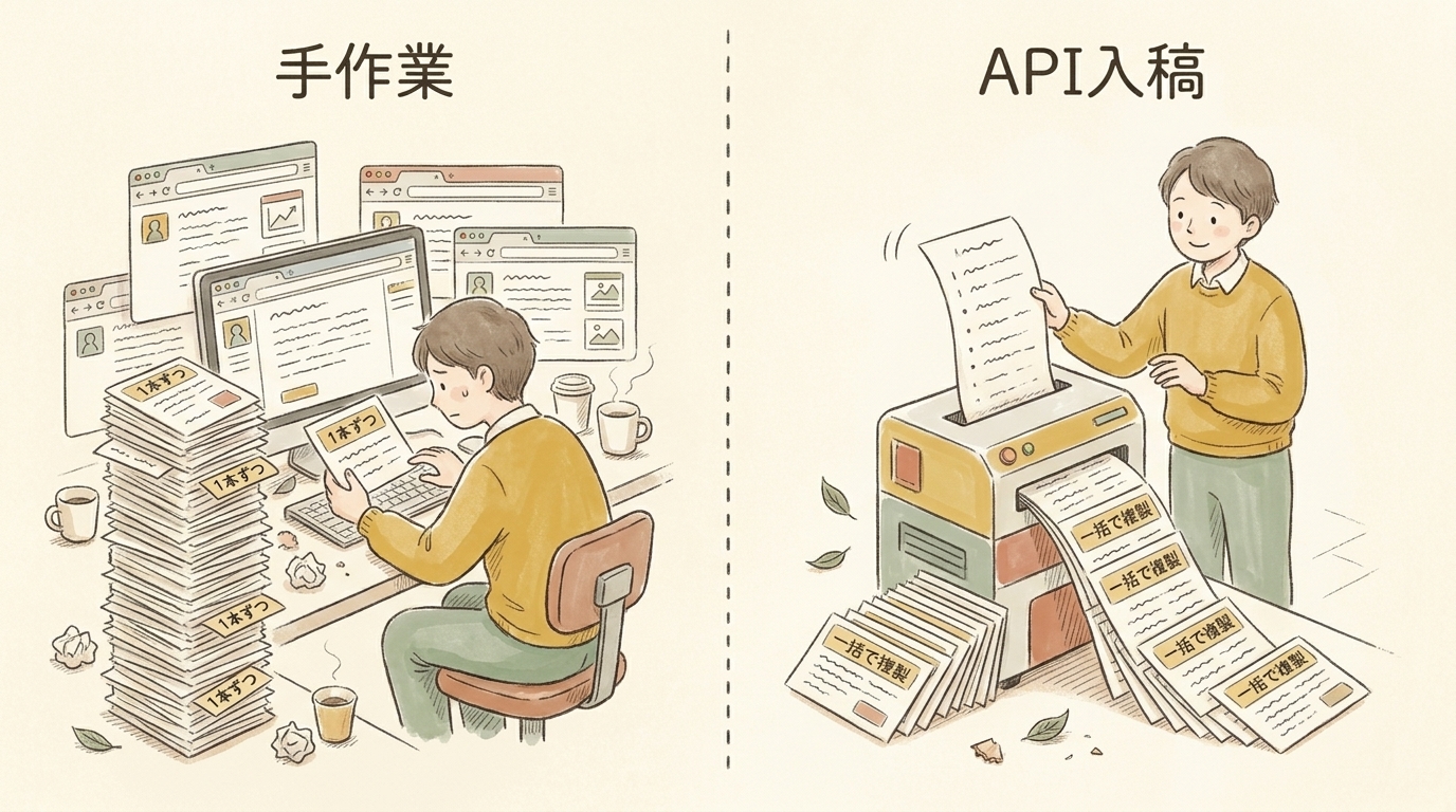 図解：手作業は1本ずつ、API入稿はリストから一括で複製