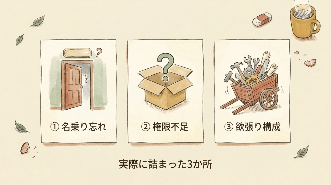 図解：実際に詰まった3か所。名乗り忘れ・権限不足・欲張り構成