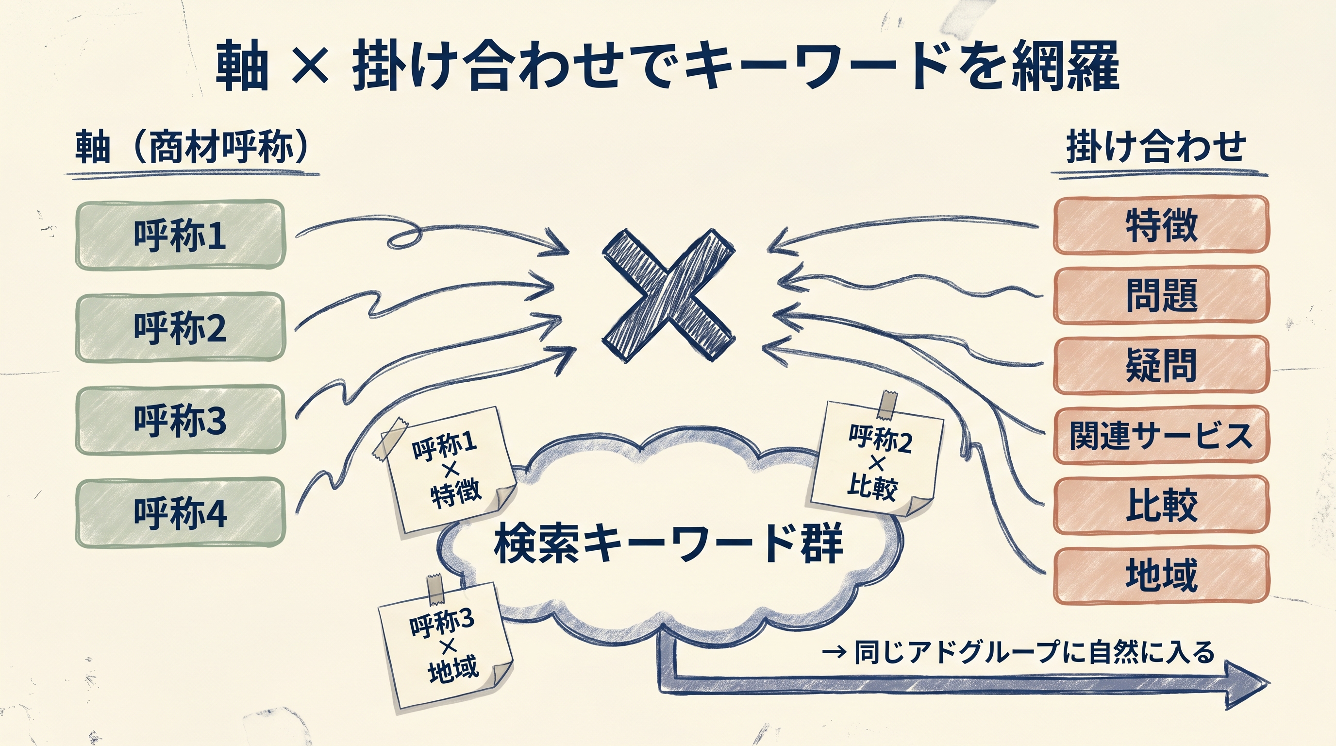 軸×掛け合わせでキーワードを網羅する仕組み：商材呼称と検索修飾語の組み合わせ図