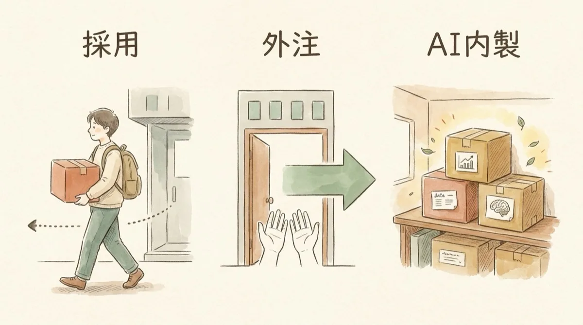 図解：やった仕事の資産がどこに残るか。採用は人に、外注は社外に消え、AI内製は自社に積み上がる