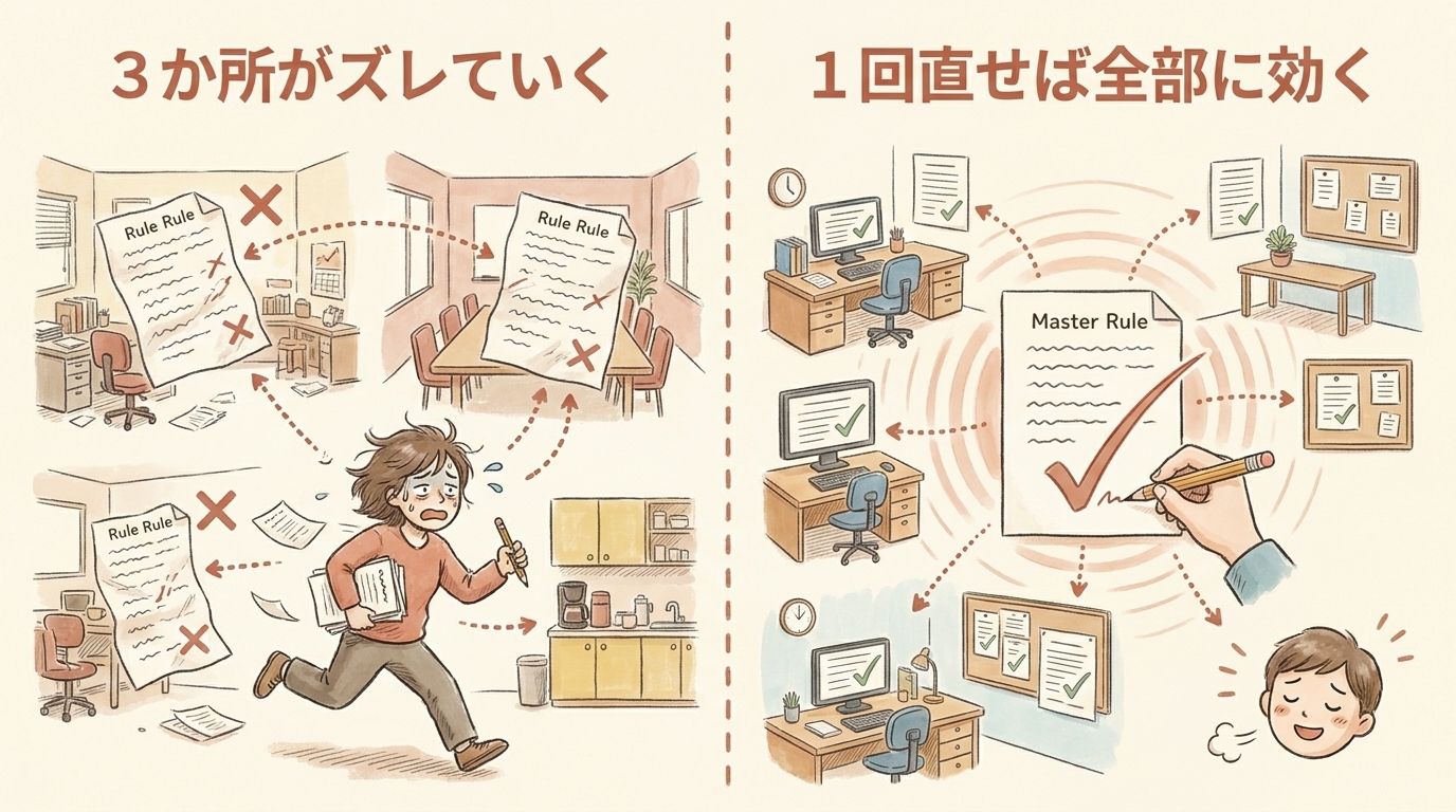 図解：3か所がズレていく状態から、1回直せば全部に効く状態へ