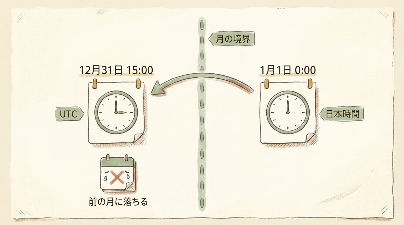図解：日本時間の1月1日0時はUTCでは12月31日15時。月の境界をまたいで前の月に落ちる