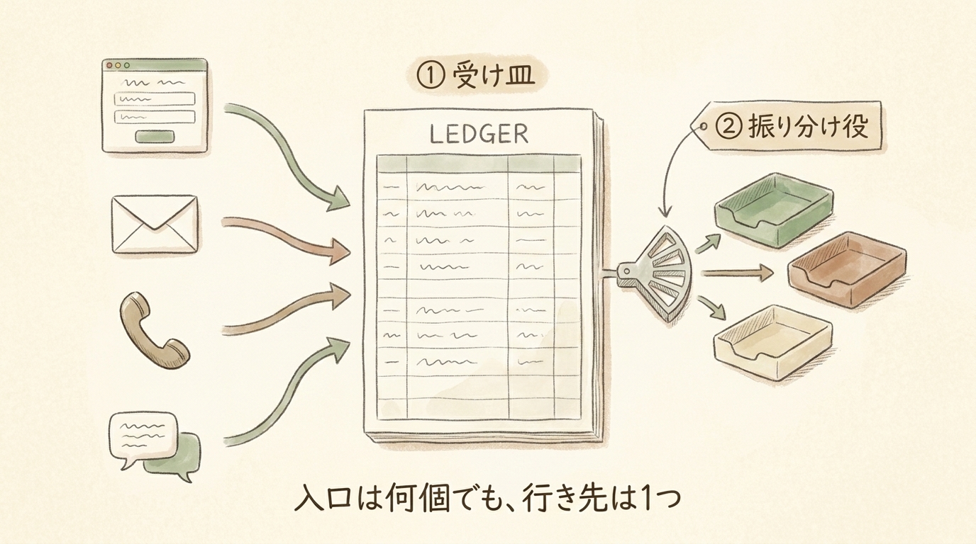 図解：問い合わせ一元管理の2部品。入口は何個でも、受け皿は1つ、振り分けは自動