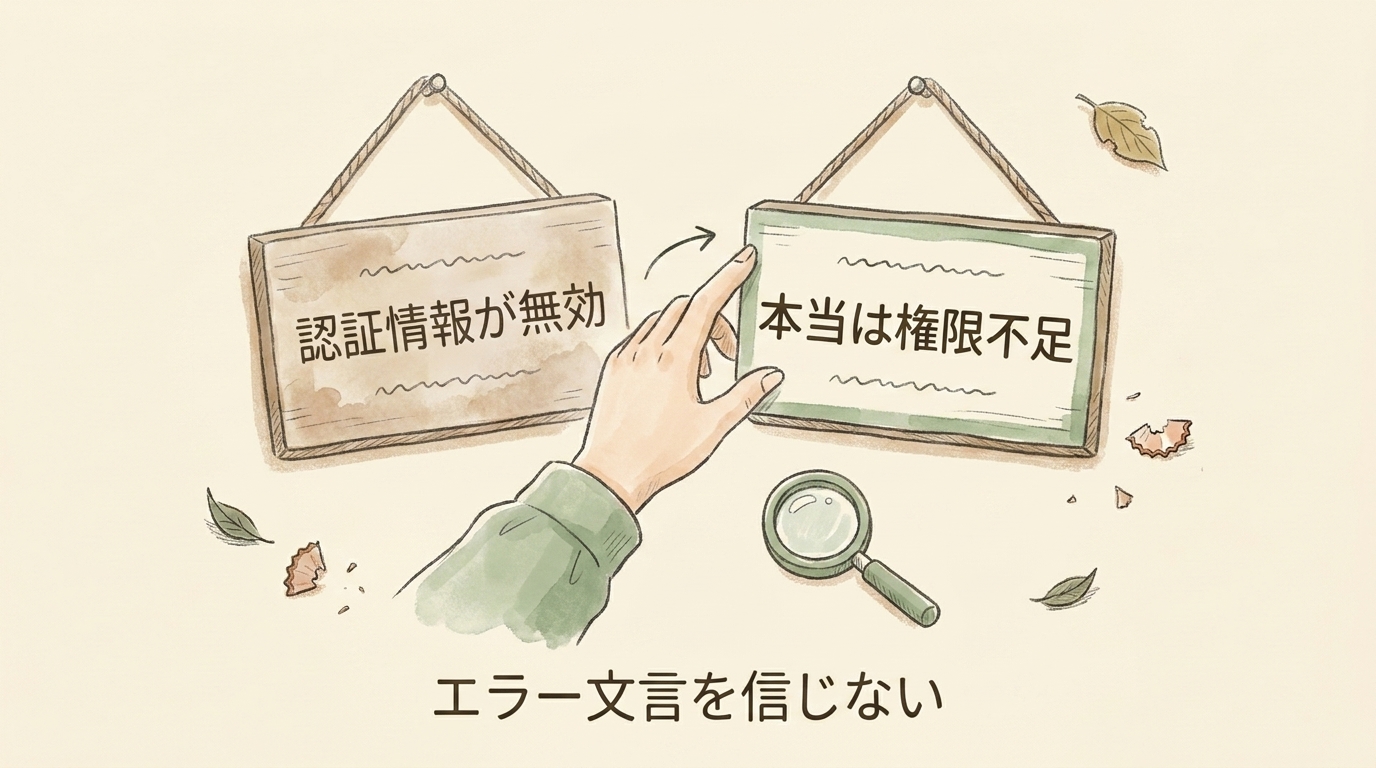 図解:エラー札「認証情報が無効」をめくると本当は権限不足。エラー文言を信じない