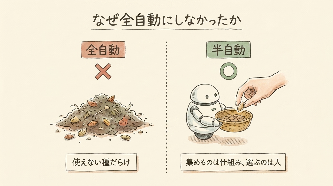 集めるのは仕組み、選ぶのは人。籠の種から良いものだけを選ぶ