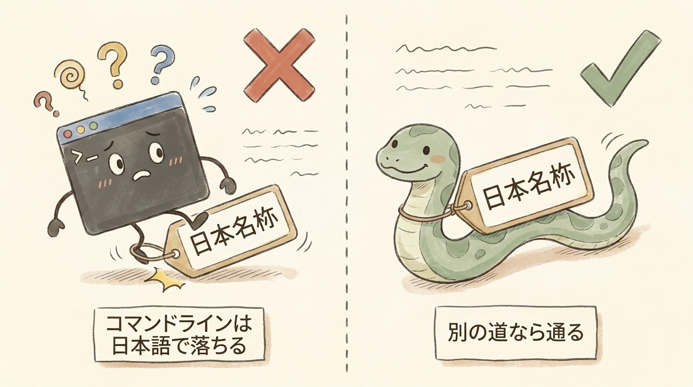図解：コマンドラインは日本語カラム名で落ちるが、別の道（Pythonクライアント）なら通る
