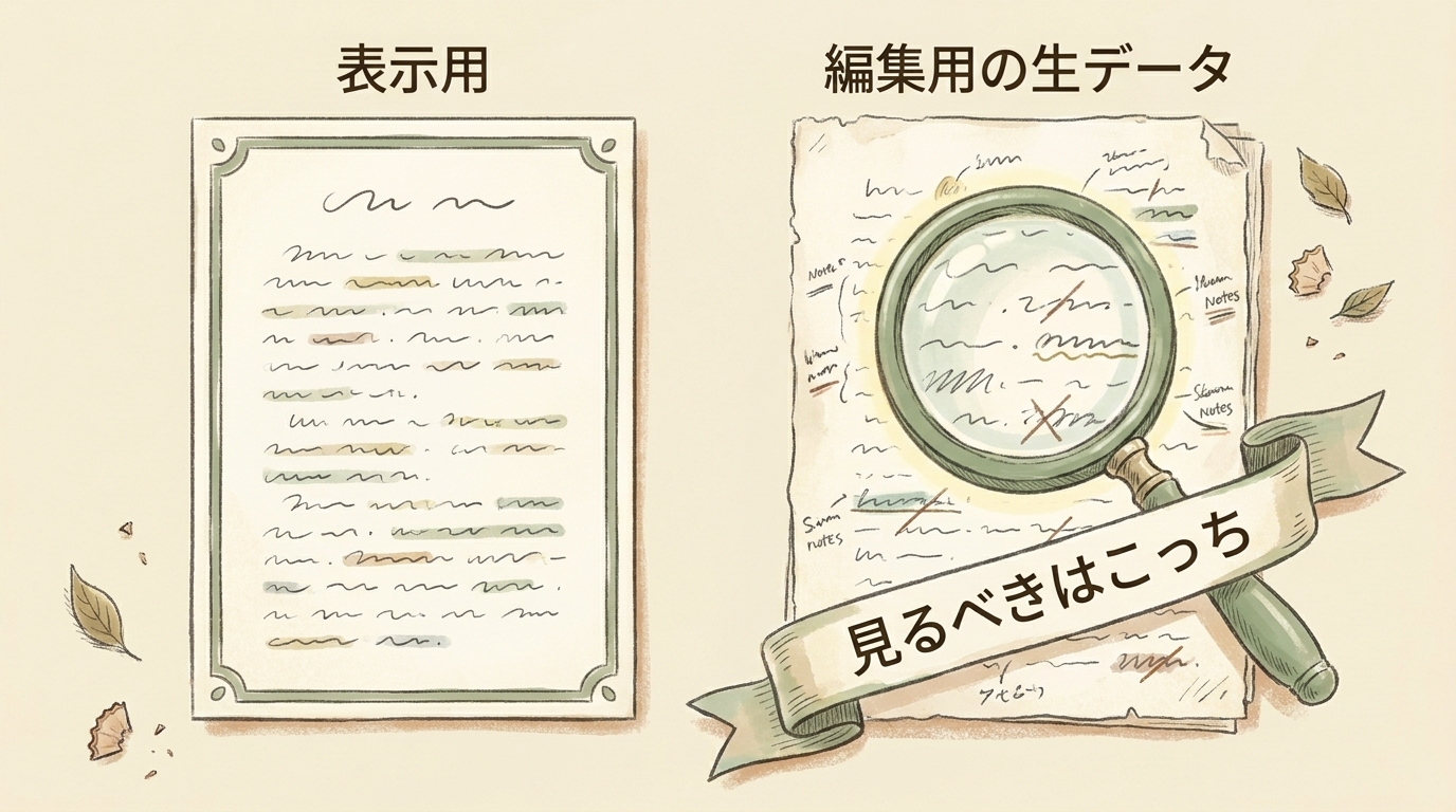 図解：表示用の完成ページではなく、編集用の生データを見る