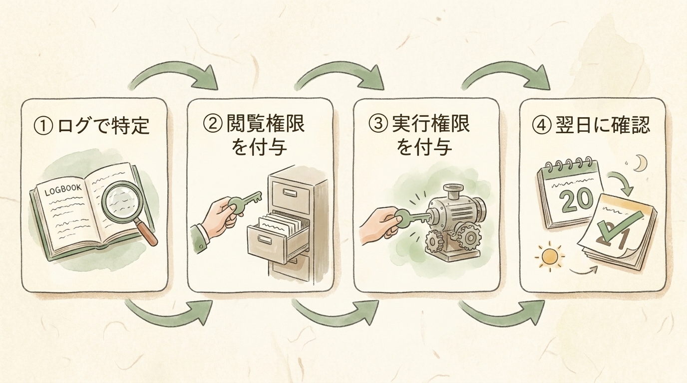 図解:解決4ステップ。ログで特定→閲覧権限を付与→実行権限を付与→翌日に確認