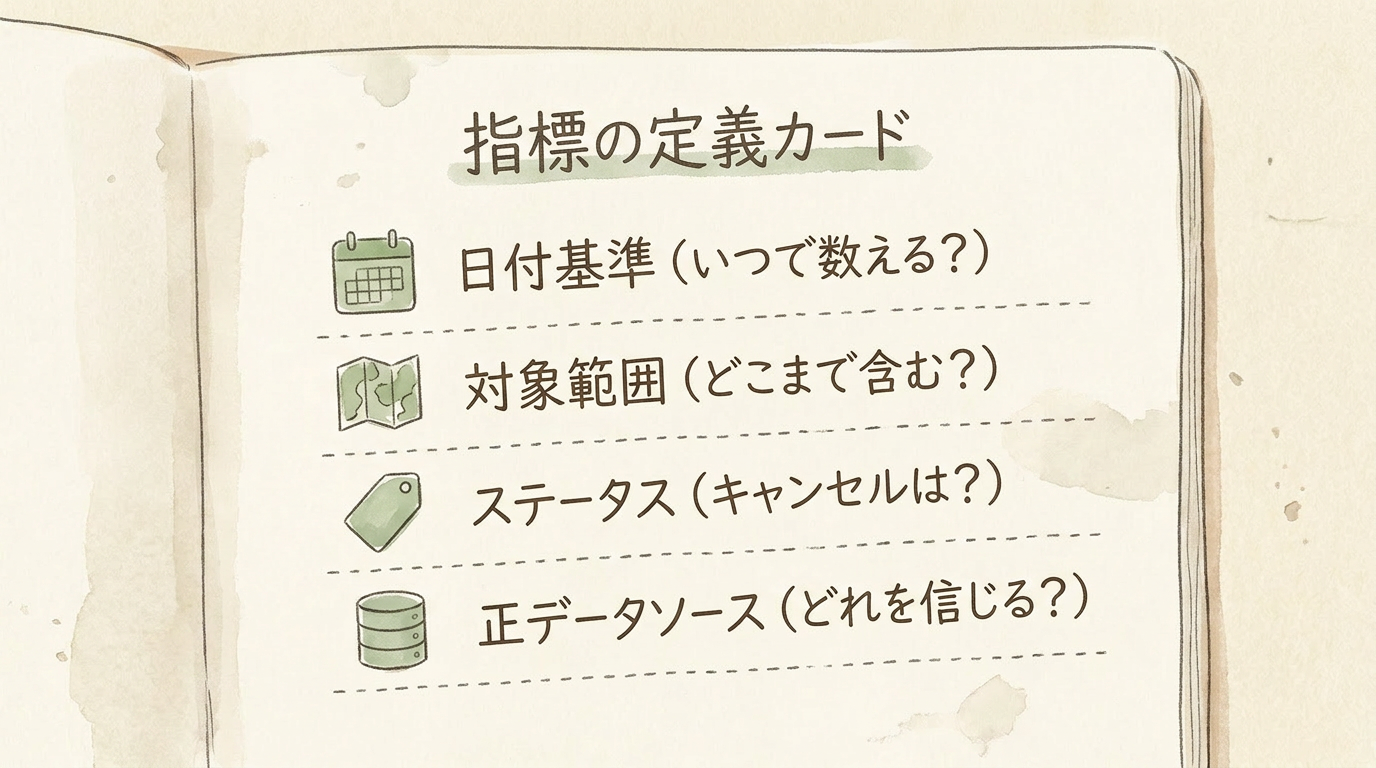 図解：指標の定義カードは日付基準・範囲・ステータス・正ソースの4行