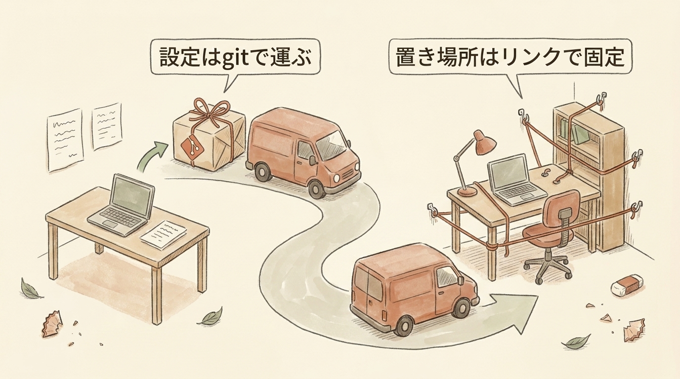 図解：設定はgitで運び、置き場所はリンクで固定する