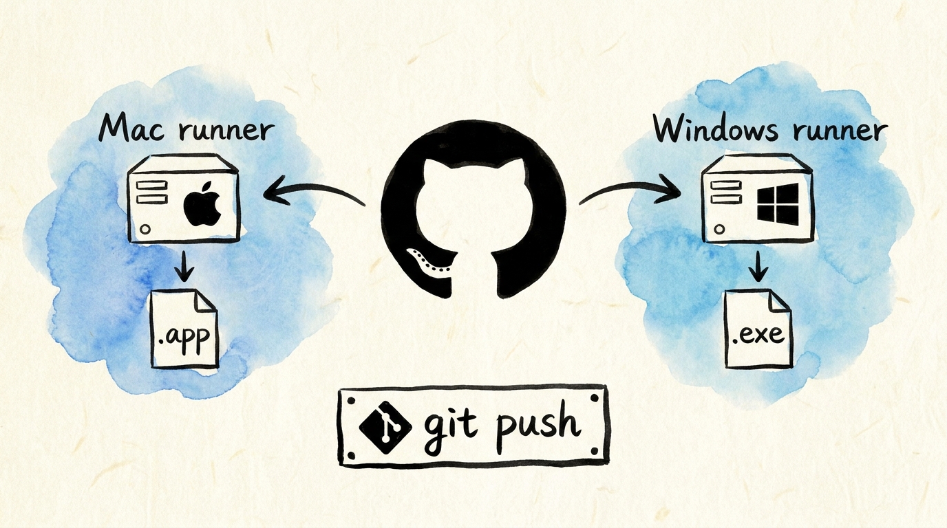 GitHub Actionsで Mac/Windows 両OSを並列クラウドビルド。git push するだけで両方の最新版が出来上がる。