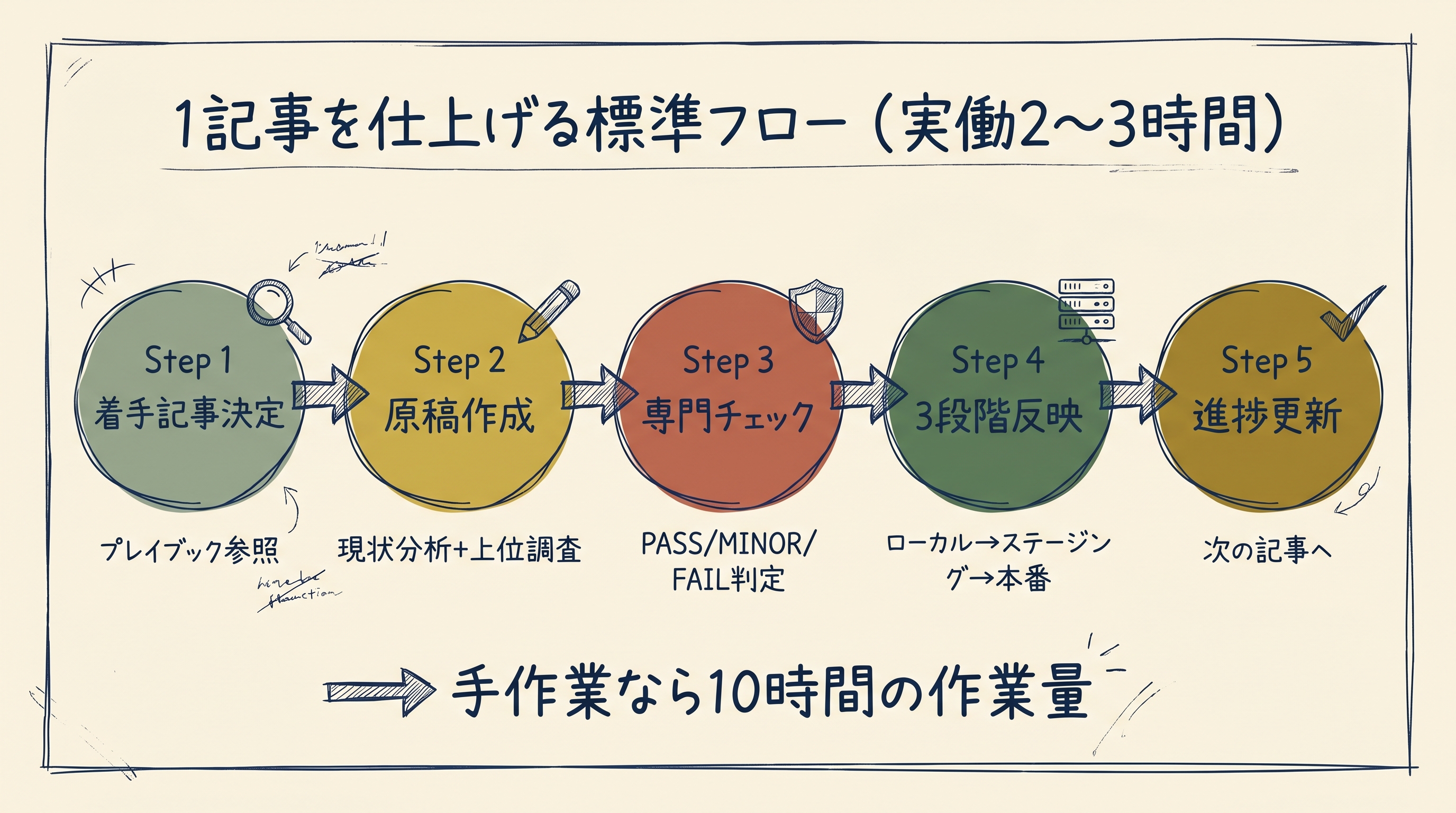 1記事を仕上げる標準フロー：着手決定→原稿作成→専門チェック→3段階反映→進捗更新の5ステップ