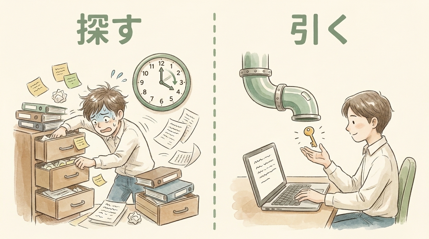 図解：引き出しを漁って探すのではなく、コマンド1本で引く