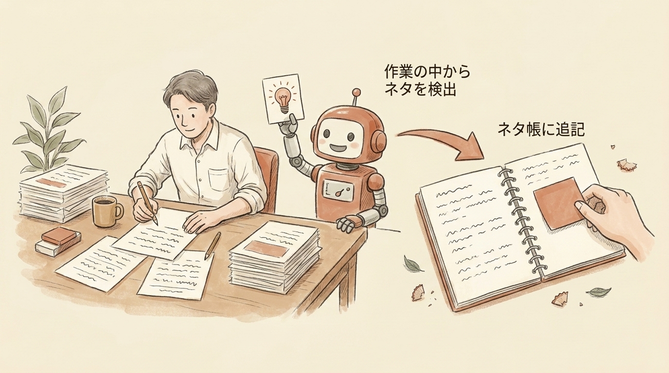 図解：AIが作業の中からネタを検出し、ネタ帳に追記する