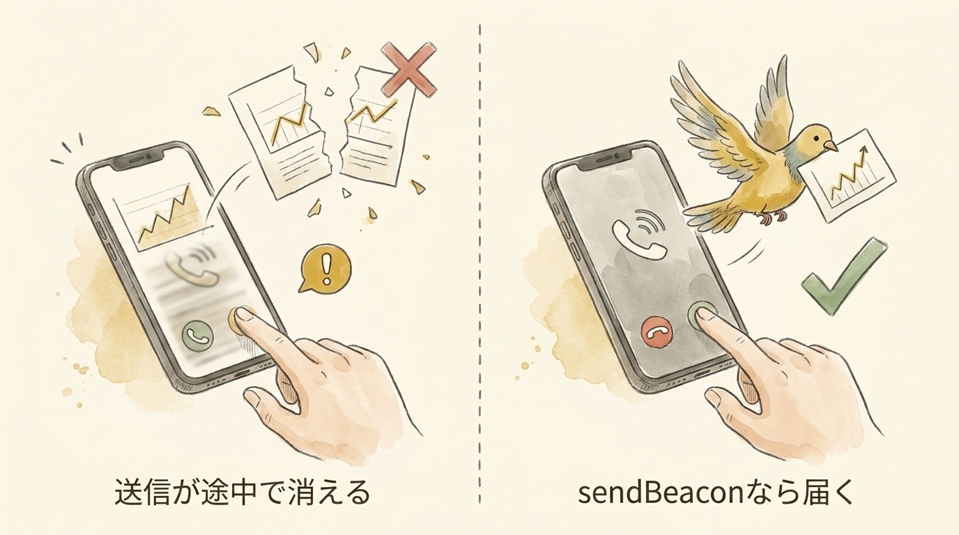図解：電話タップの計測は画面切替で送信が途中で消える。sendBeaconなら届く