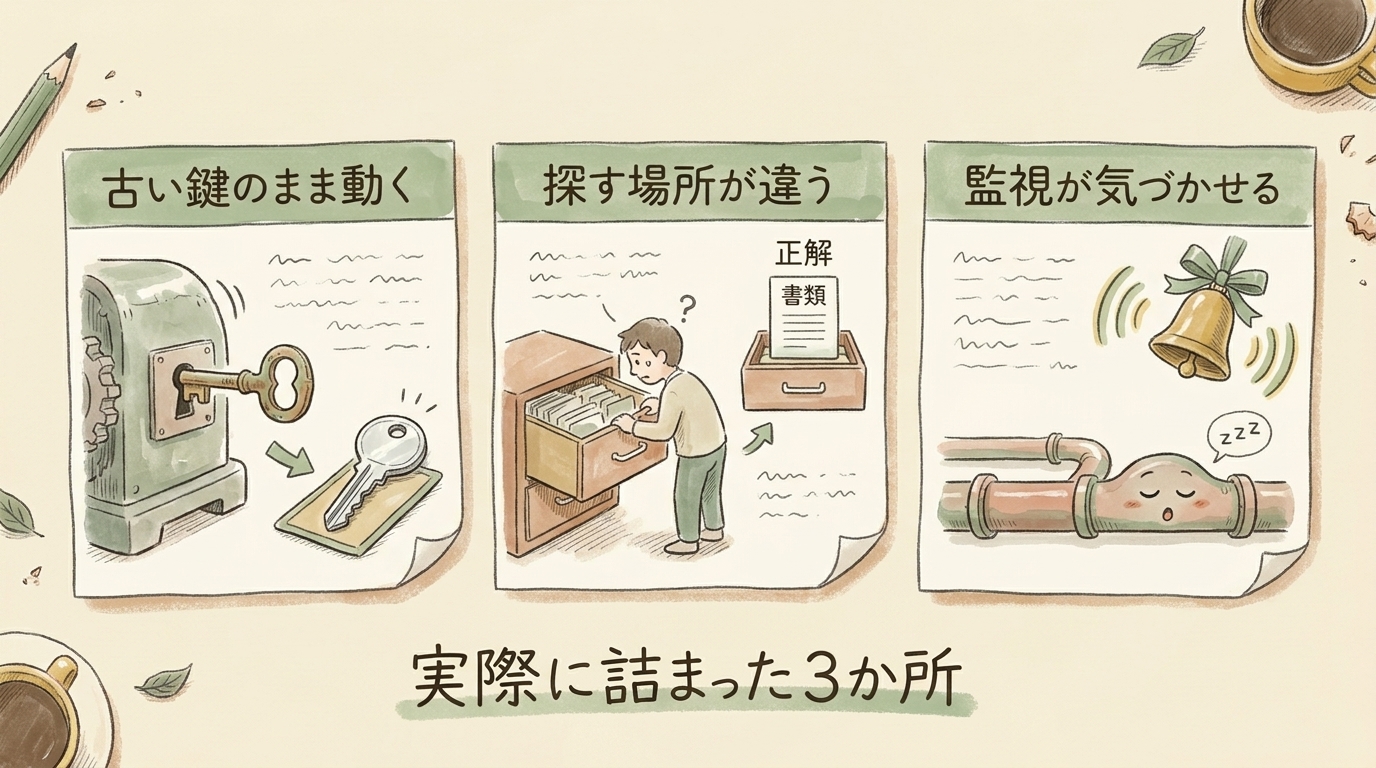図解：実際に詰まった3か所。古い鍵のまま動く・探す場所が違う・監視が気づかせる