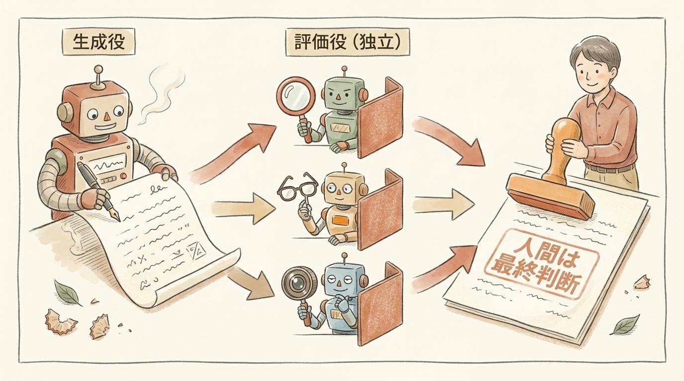図解：生成役のAIと独立した評価役のAIを分け、人間は最終判断に集中する