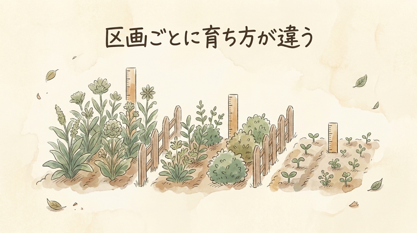 図解：区画ごとに育ち方が違うので、セグメント別に分けて見る