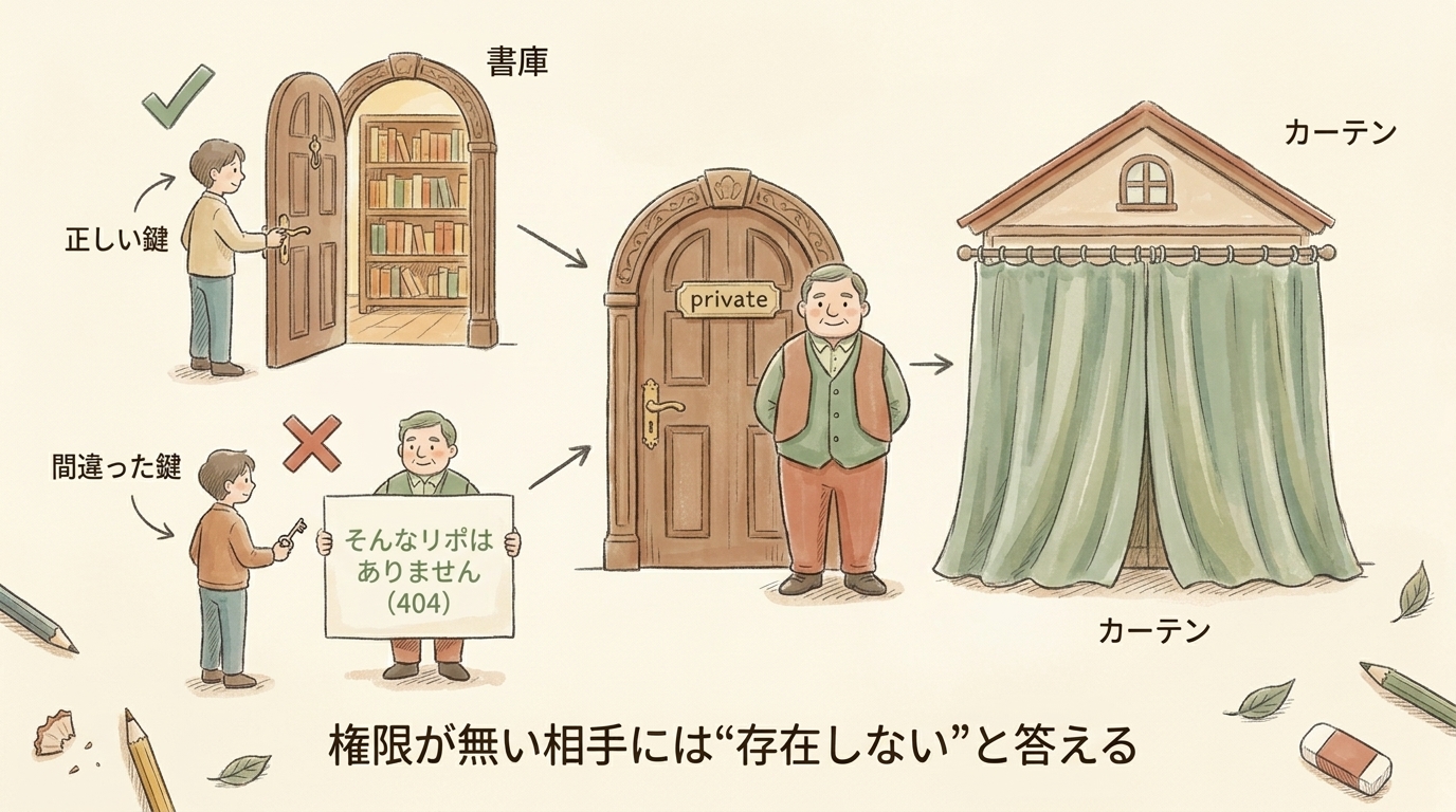 図解：privateリポは権限の無い相手には「そんなリポはありません（404）」と存在ごと隠す