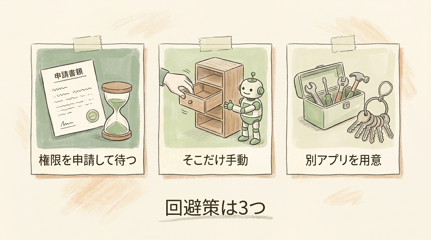 図解:回避策は3つ。権限を申請して待つ・そこだけ手動・別アプリを用意