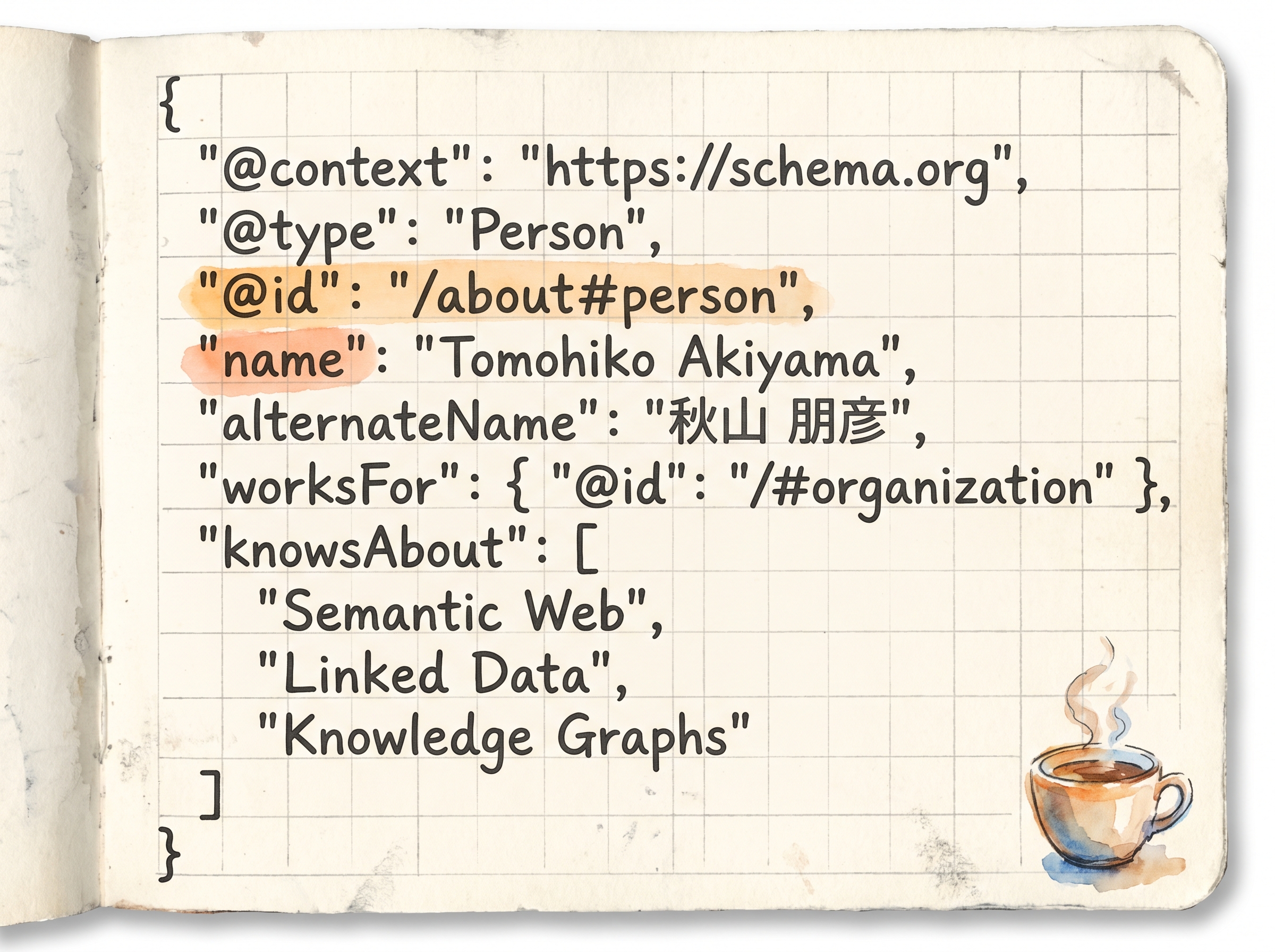 Person schema の JSON-LD 実装例（手描きノート風）