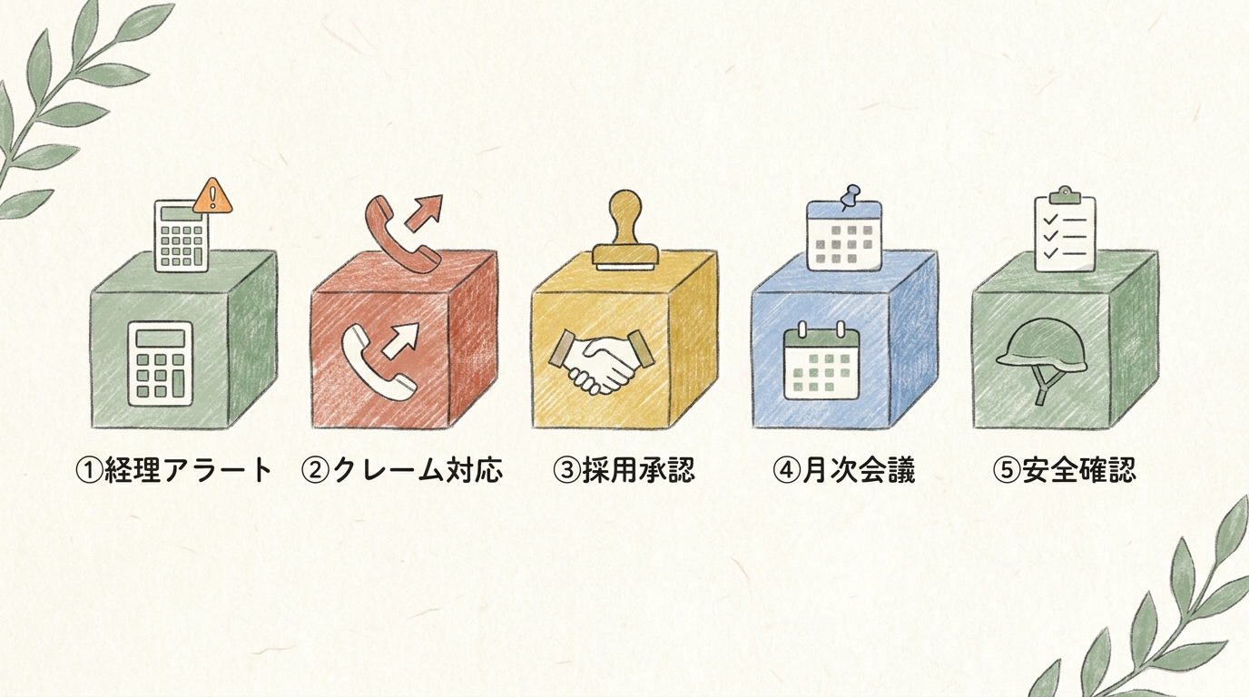 ①経理アラート／②クレーム対応／③採用承認／④月次会議／⑤安全確認 — 人間組織での5つの応用パターン