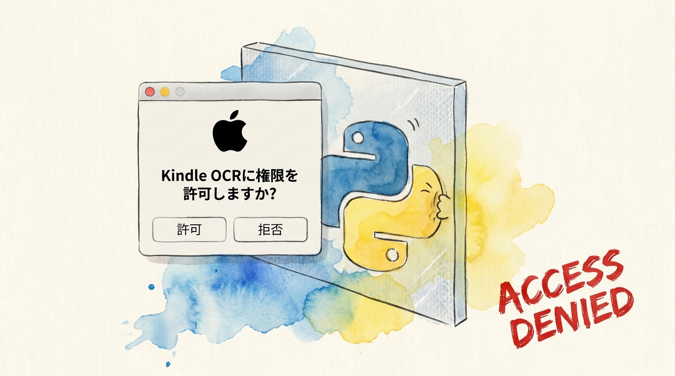 macOSの権限の壁。Pythonバイナリにアクセシビリティ権限が無いと、キー送信が無音で失敗する。